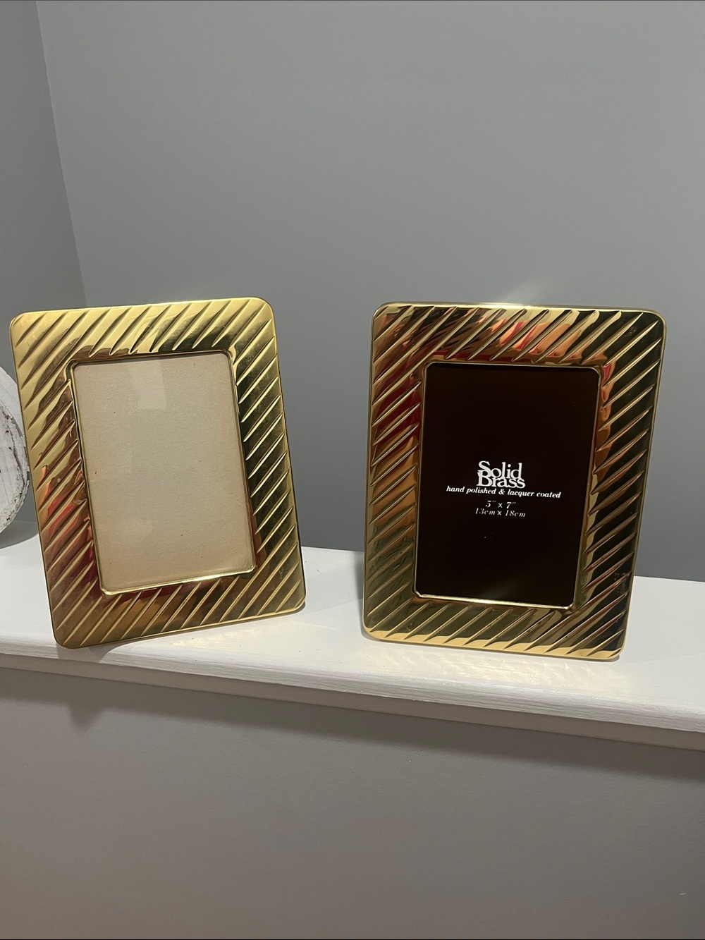 90s Pair Solid Brass Gold Photo Frame 5x7 Hand Polished Lacquer Coated